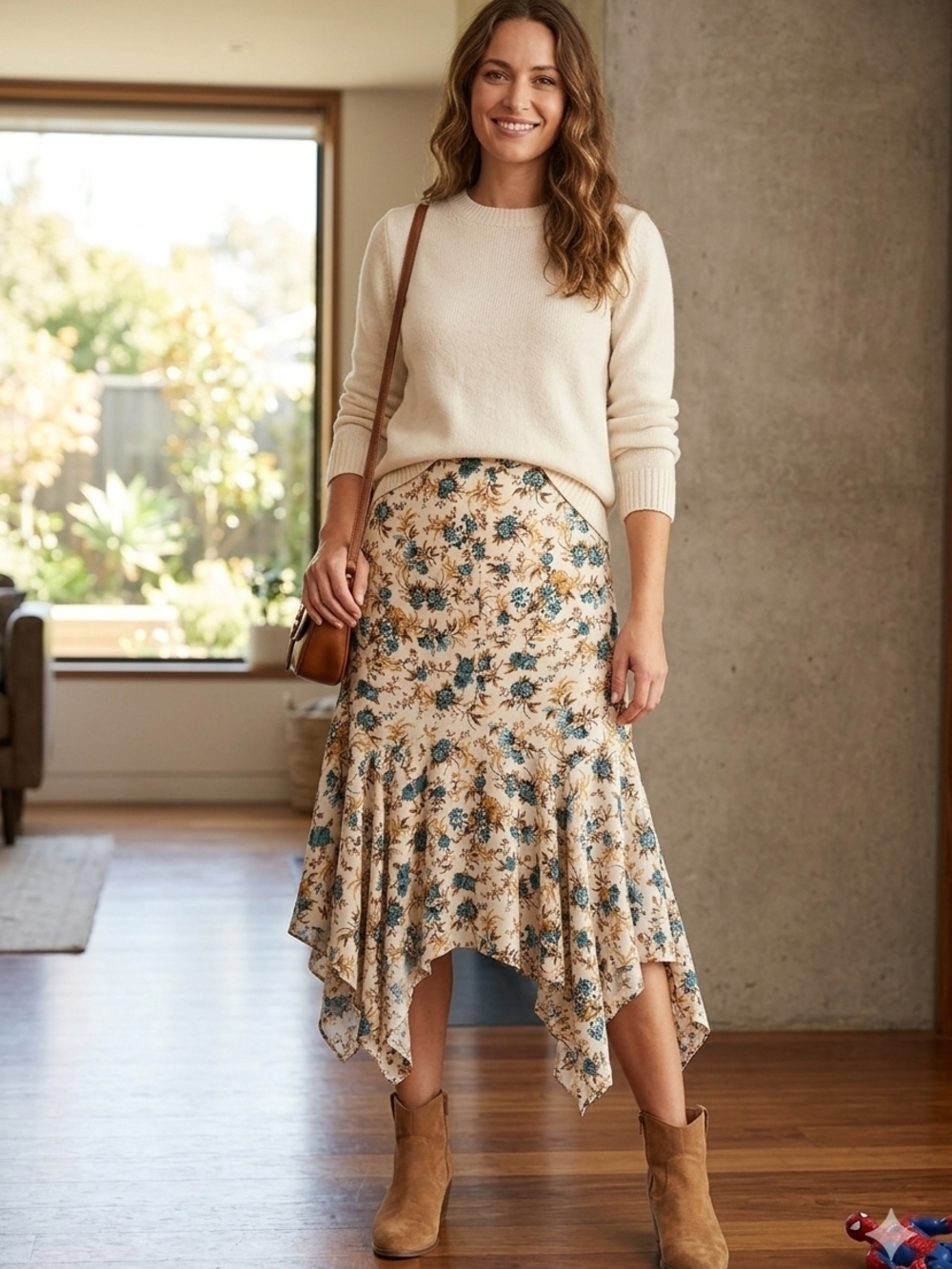 Chelsea & Violet Cream Midi Skirt with Teal Floral Handkerchief Hem